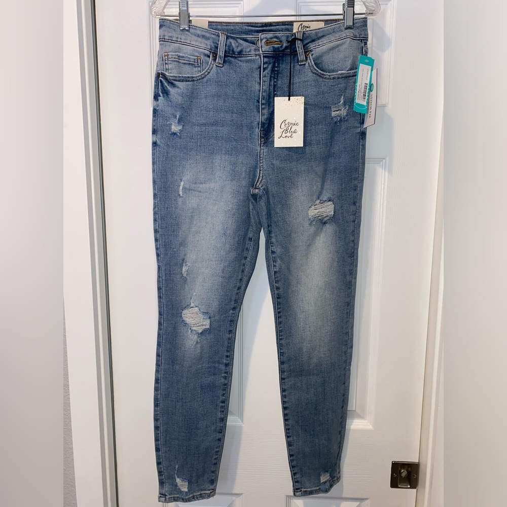 Cosmic Blue Love Distressed Skinny Jean